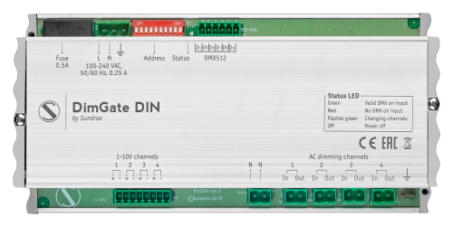 DimGate DIN - DMX AC dimmer with four additional 0-10V/1-10V outputs